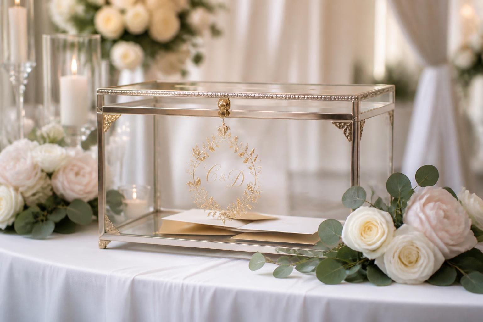 découvrez notre urne de mariage chic, élégante et raffinée, parfaite pour sublimer votre cérémonie et recueillir les vœux et cadeaux de vos invités avec style.