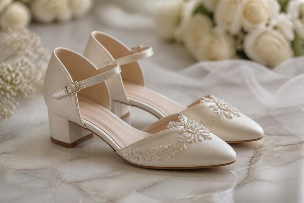 découvrez notre sélection élégante de chaussures de mariée à petit talon, alliant confort et style pour votre jour spécial.