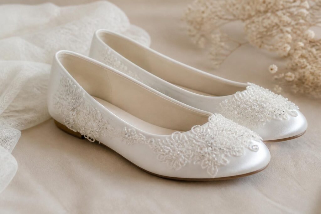 découvrez notre collection élégante de chaussures de mariée plates, alliant confort et style pour votre journée spéciale.