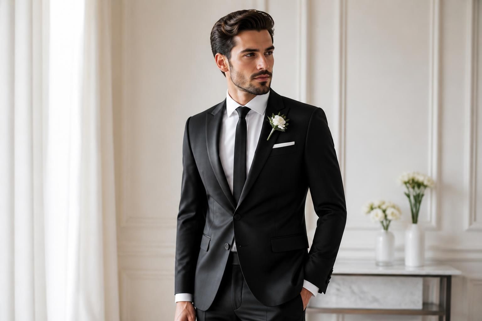 découvrez notre collection de costumes de marié noirs alliant élégance classique et sophistication pour un jour inoubliable.