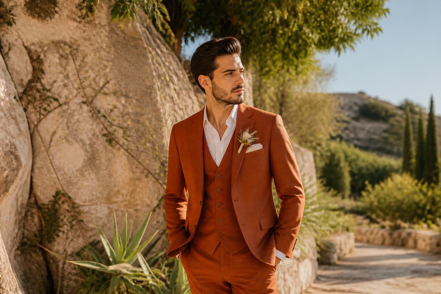 découvrez le costume de marié terracotta, une touche de couleur audacieuse pour un look unique et élégant le jour j.