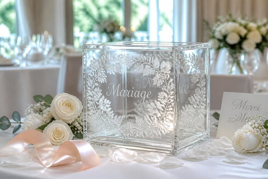 découvrez notre urne de mariage transparente, élégante et moderne, parfaite pour conserver les précieux souvenirs de votre journée spéciale en toute beauté.
