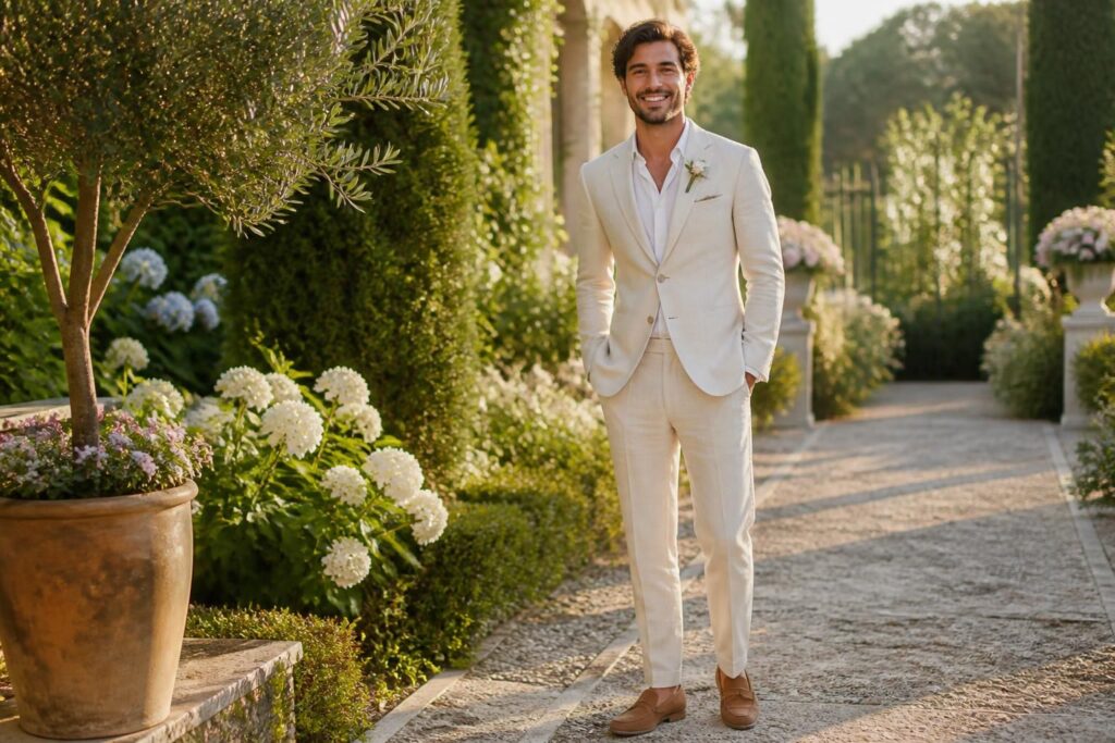 découvrez notre costume de marié en lin, idéal pour un mariage d'été alliant élégance et confort grâce à sa légèreté et son style naturel.