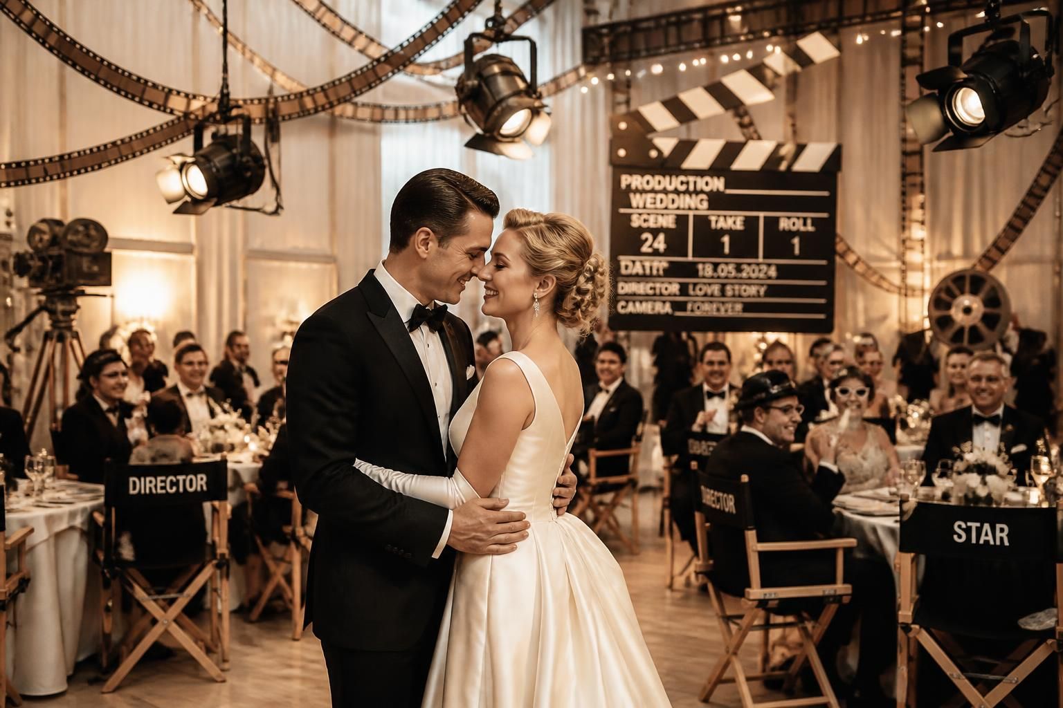 organisez un mariage inoubliable sur le thème du cinéma, avec une décoration inspirée des films cultes, des invitations personnalisées et une ambiance hollywoodienne pour émerveiller vos invités.