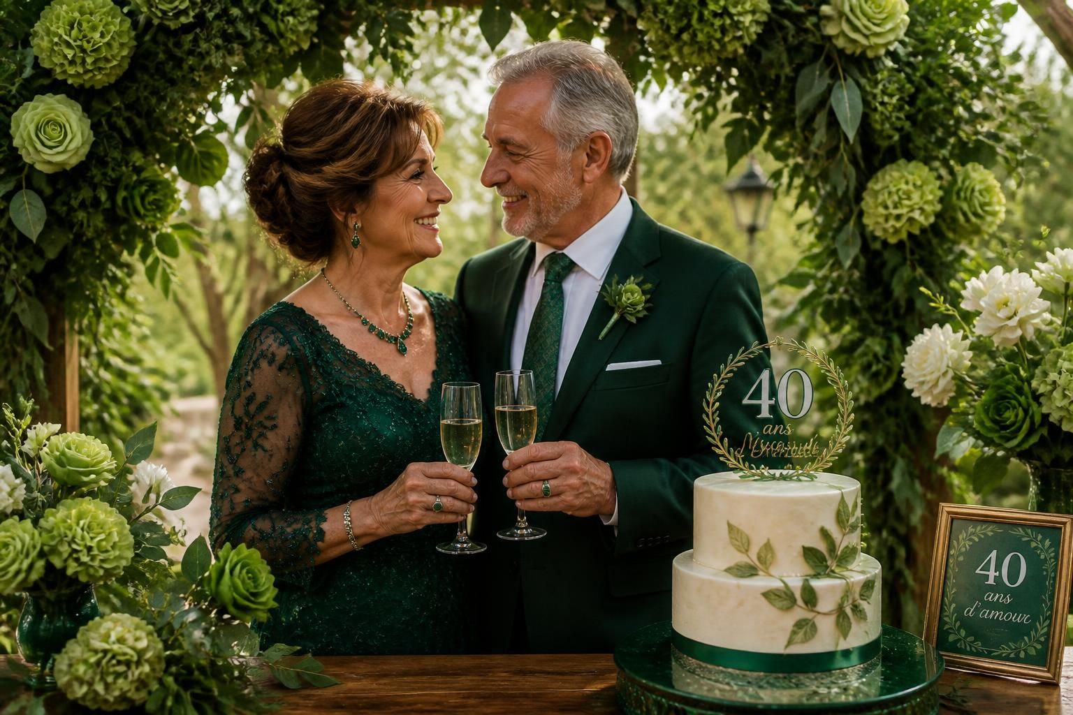 célébrez 40 ans de mariage, les noces d'émeraude, une étape précieuse remplie d'amour, de souvenirs et de moments partagés.