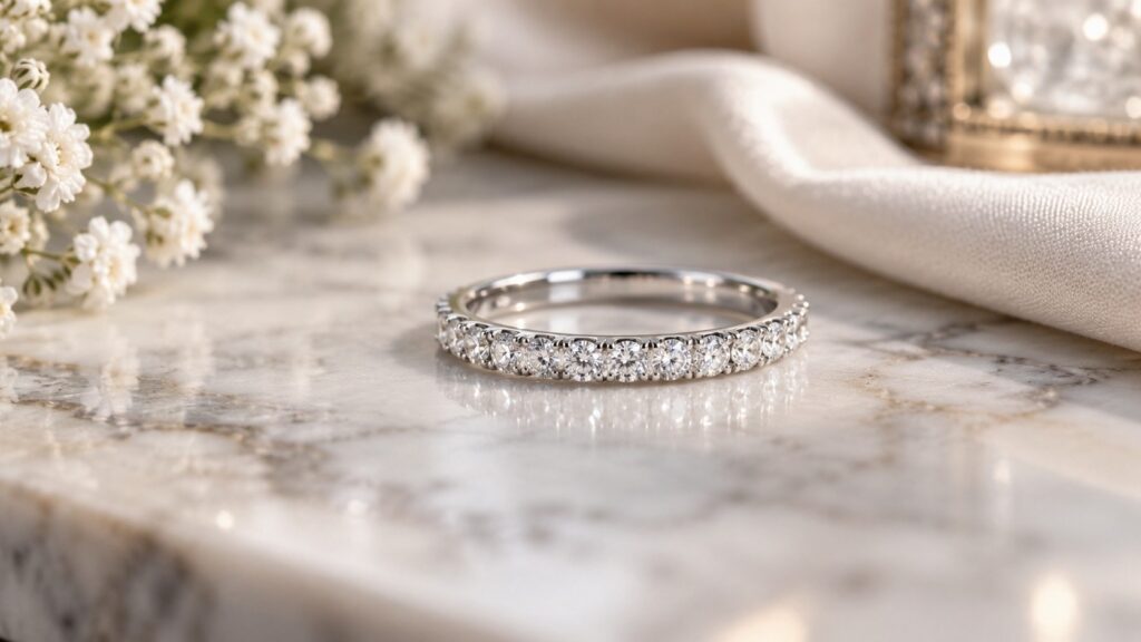 Alliance sertie de diamants sur un plateau en marbre
